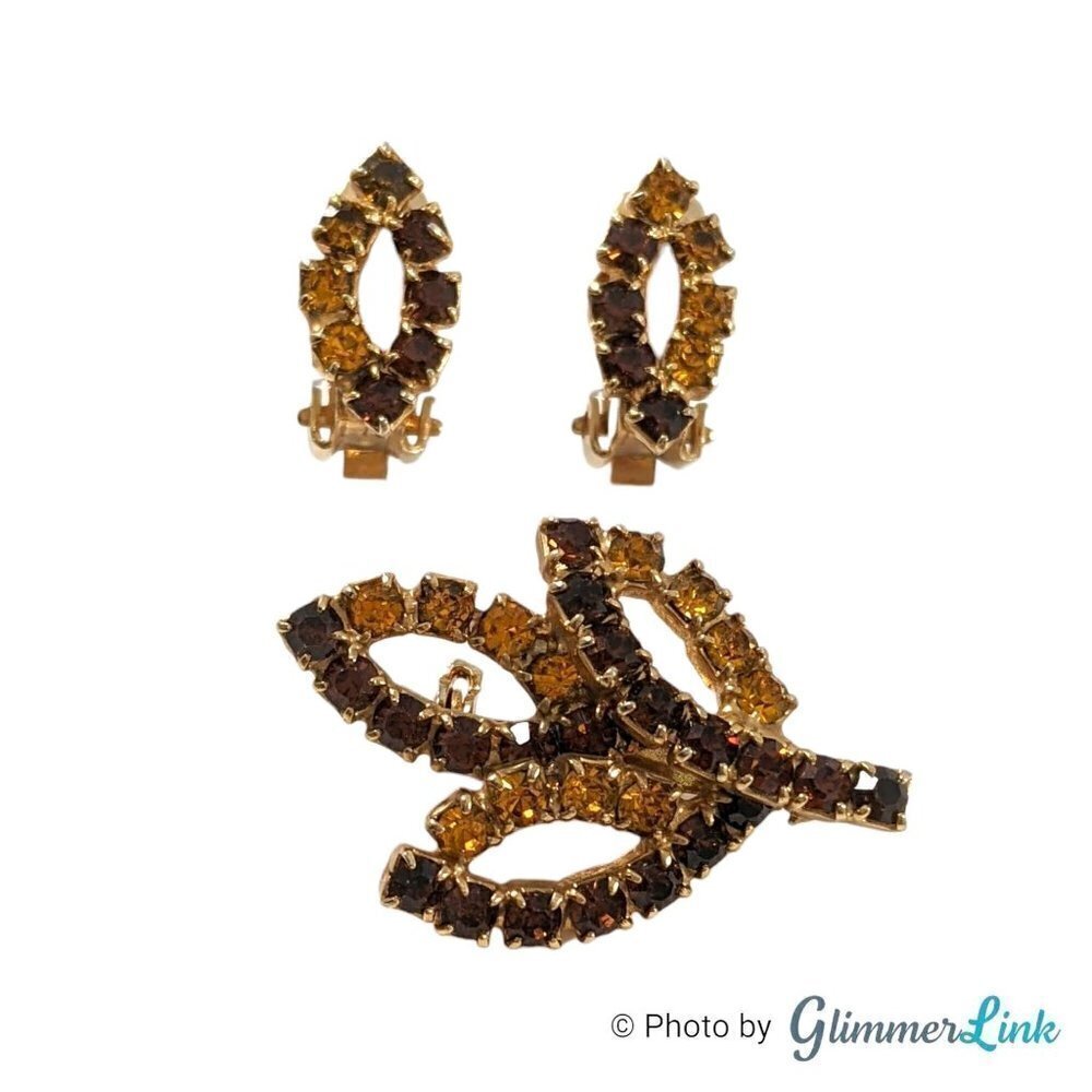 VTG Yellow Orange & Topaz Brown Rhinestones Gold Tone Leaves Brooch Earrings Set